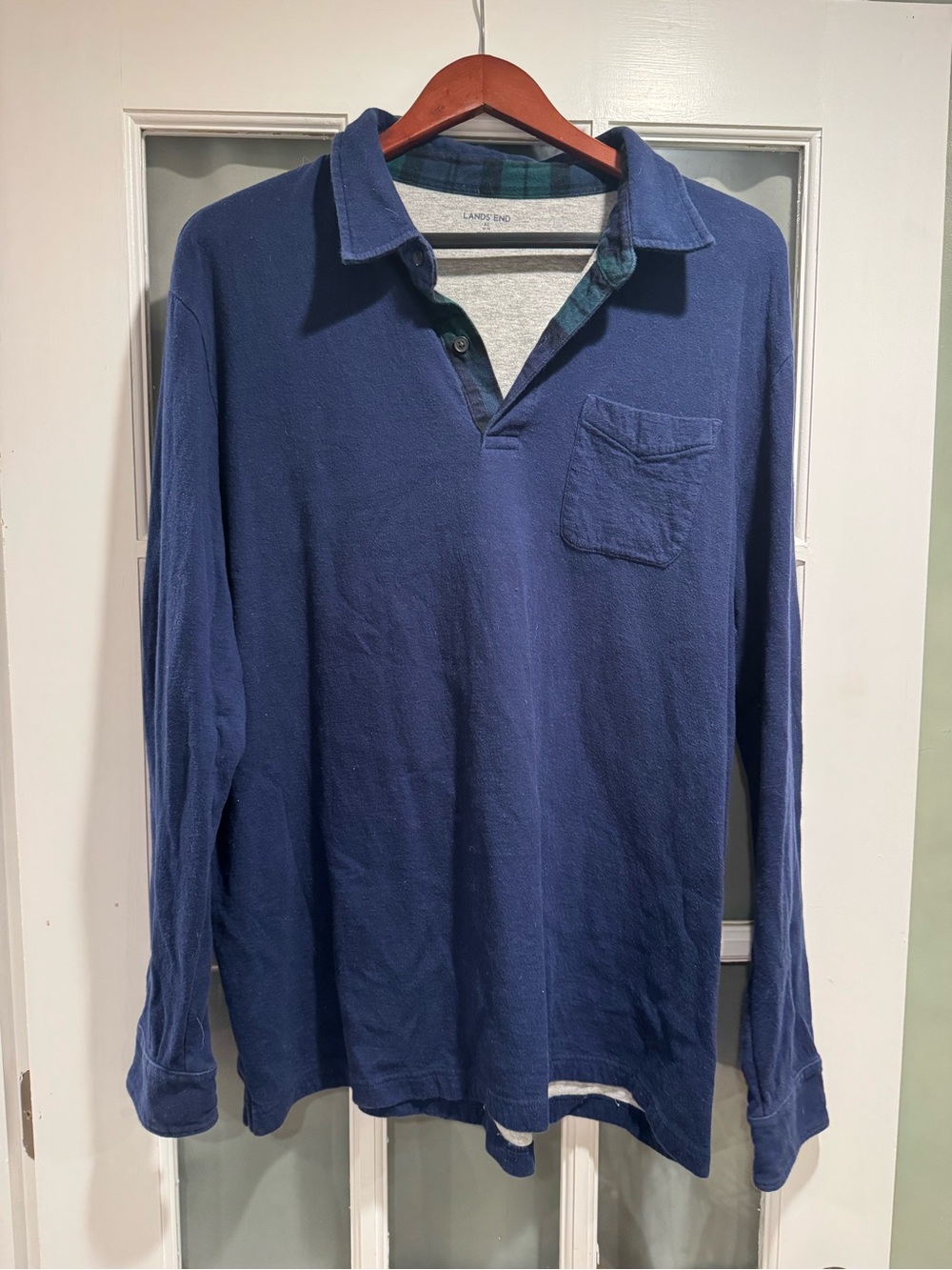 Lands' End Men's Long-Sleeve Blue Rugby Polo with Chest Pocket